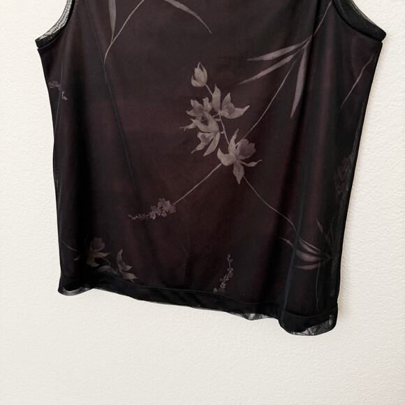[Vintage] 90s Y2K Brown Black Mesh Crew Neck Floral Print Tank Top Size Small S - Picture 6 of 11